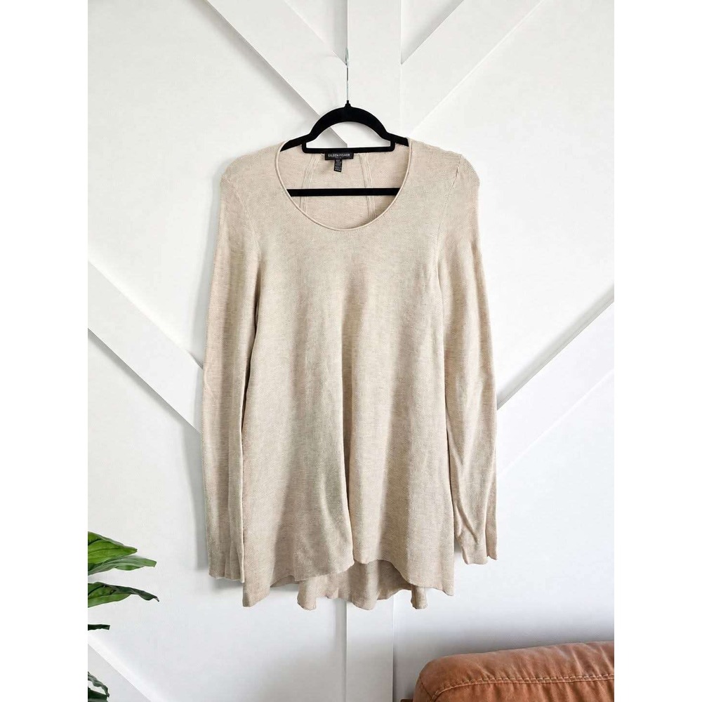 Eileen Fisher Tunic Sweater Womens PS Beige Silk Blend Scoop Neck Longline